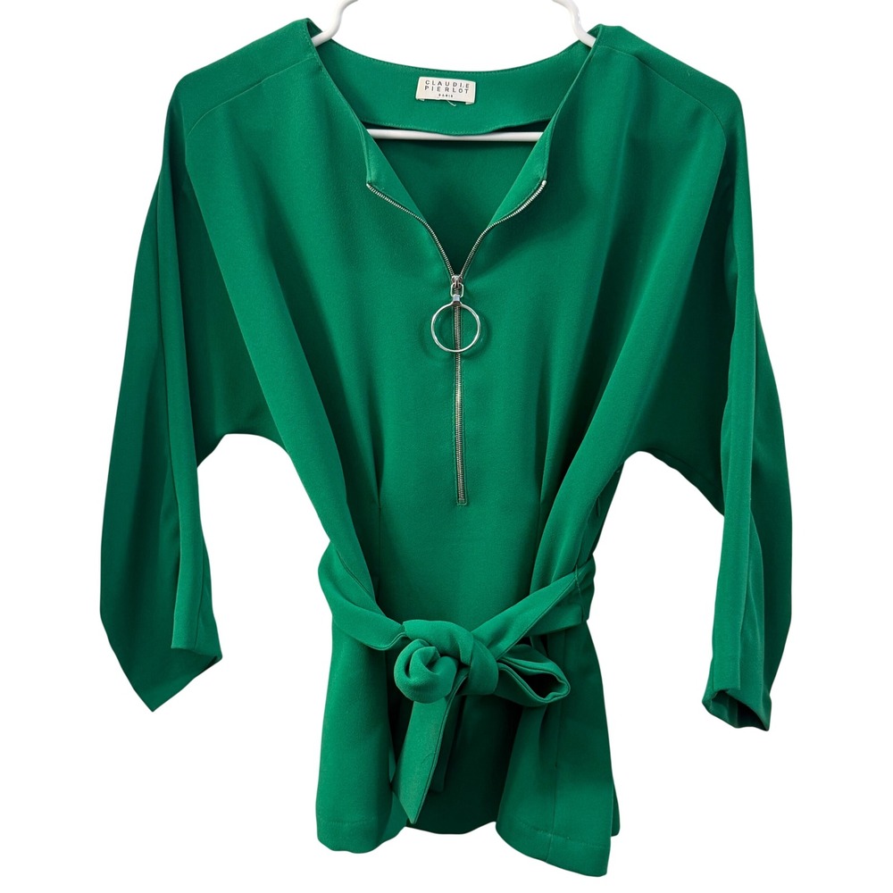 Green Women's Zip-Neck Belted Blouse